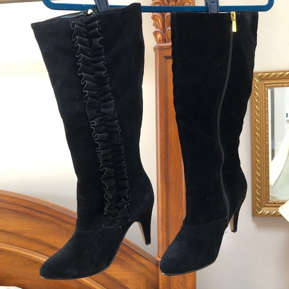 Black Ruffle boots - SZ 9, BUT FITS LIKE SZ 8 (suede-"LIKE"/ Not suede)